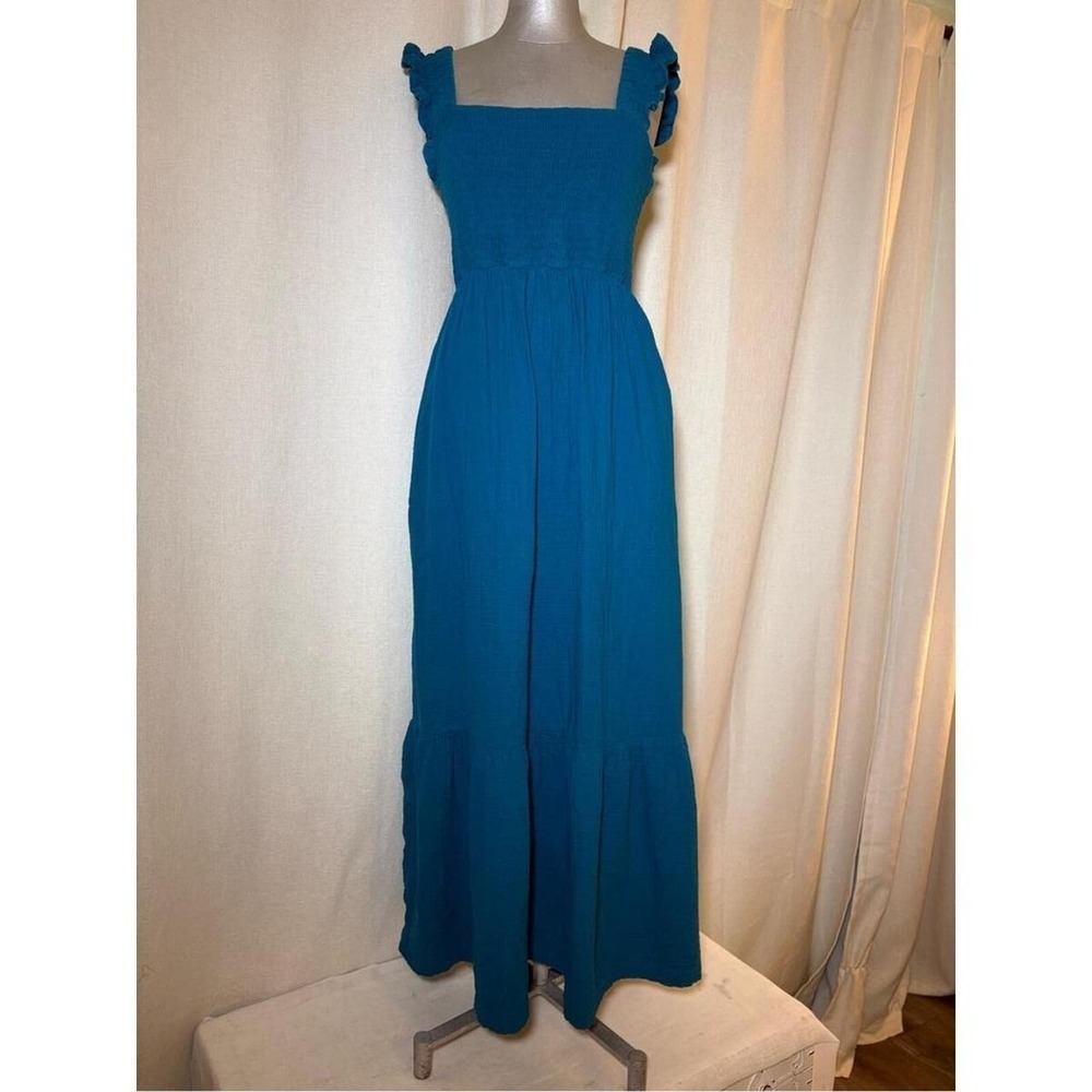 SOMA Whisper Teal Smocked Maxi Dress Pockets 100% Cotton Coastal Luxury | Size L
